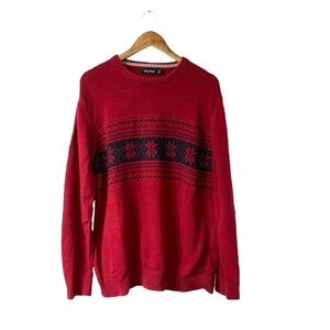 Nautica Red Fair Isle Sweater Crew Neck Thick Knit Cotton Size XL